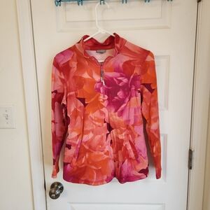 Talbots Size MP Stretchy Athletic Long Sleeve Half Zip Shirt Pink Tropical #T738